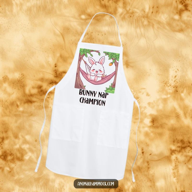 Funny Bunny Apron with a fluffy character gleefully bouncing while napping in a hammock, perfect for kitchen activities with a humorous touch.