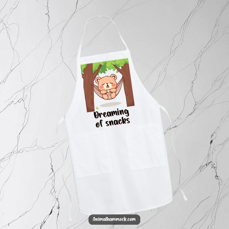 Funny yawning bear cub dozing in a hammock between trees, printed on a durable apron, bringing a sense of sleepy humor to the kitchen.