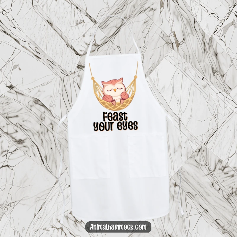 Funny sleepy owl dozing in a hammock, perfect for a humorous kitchen apron design.