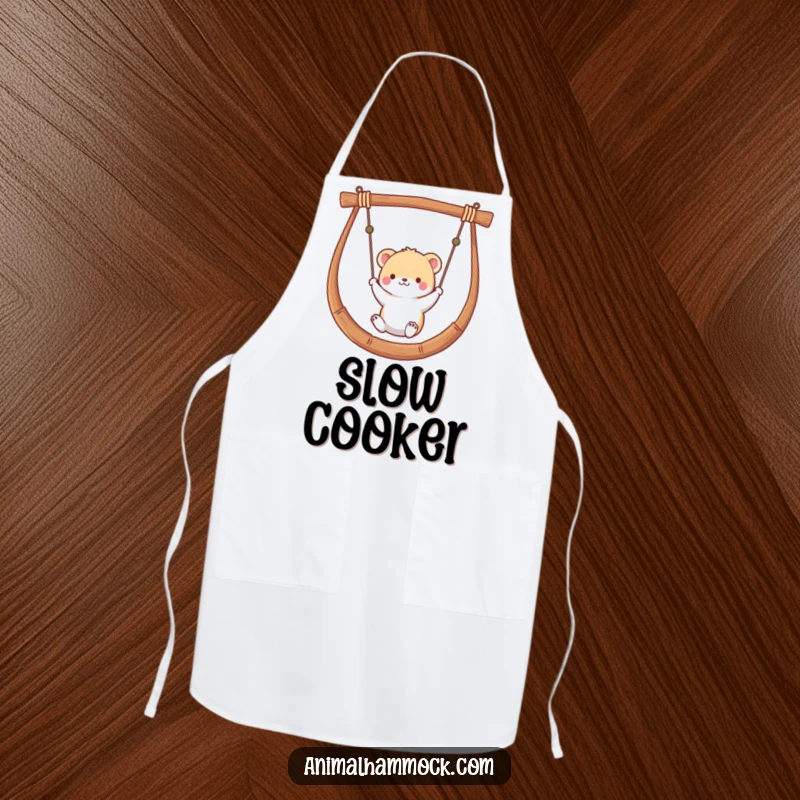 Funny apron featuring a small animal gently swinging in a hammock, ideal for cooks who find joy in relaxed kitchen activities.