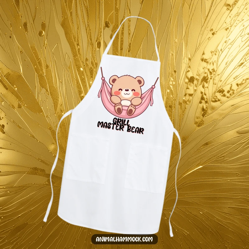 Funny Bear Apron, a content bear character sinking into a plush hammock with a smile, ready for kitchen duties.