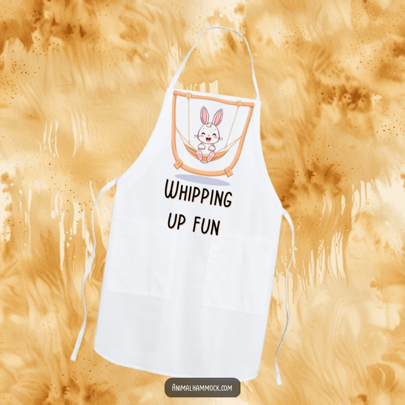 Funny cheerful bunny joyfully bouncing in a hammock, perfect for a humorous kitchen apron design.