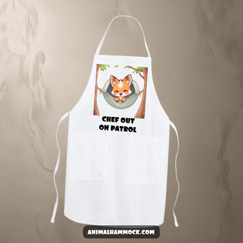 Funny curious fox peeking from a hammock, printed on a durable apron, bringing humor and personality to your cooking experience.
