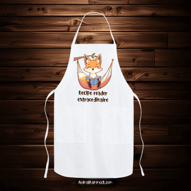 Funny smiling fox with long ears reading a book while relaxing in a hammock, adorning this humorous apron.