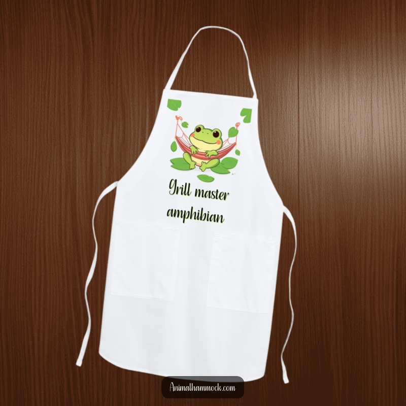 Funny green frog grinning in a hammock on a kitchen apron, ideal for a humorous cooking experience.