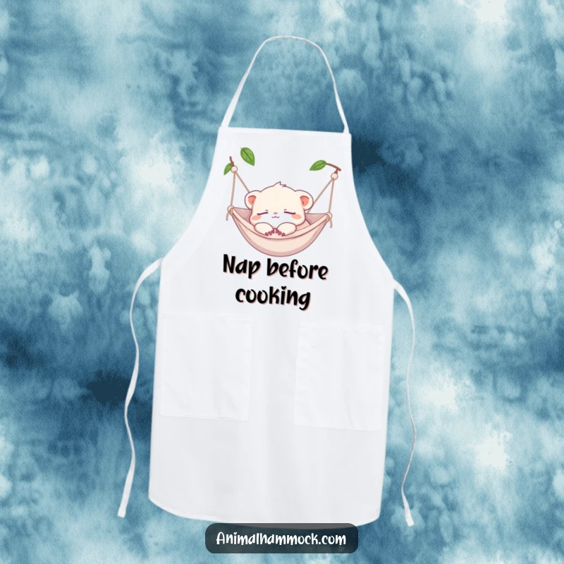 Funny Apron: A tiny creature napping in a hammock, paws dangling, bringing a relaxed vibe to kitchen tasks.