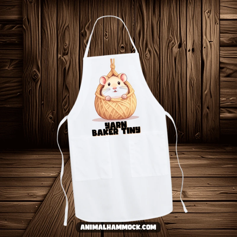 Funny hamster apron showing a curious hamster peeking from a tiny hammock made of yarn, great for kitchen fun, a unique funny gift.