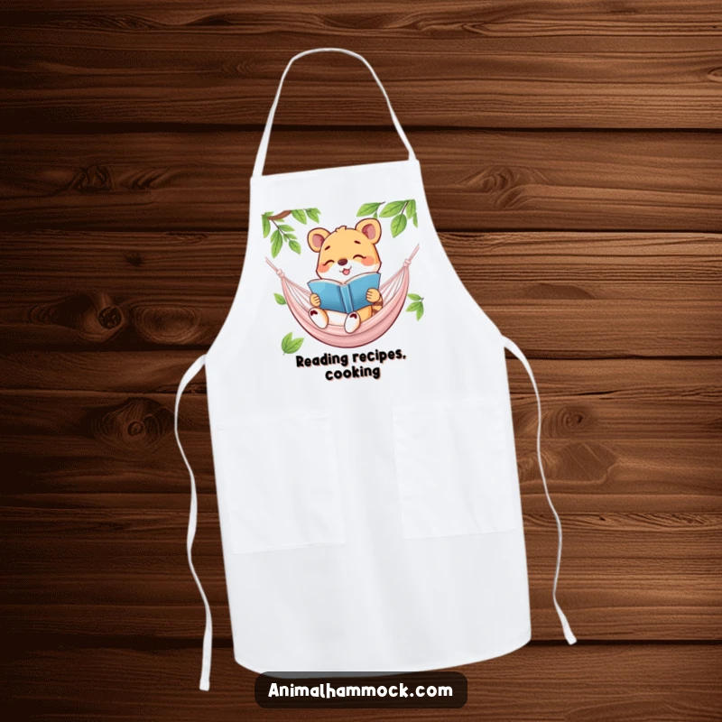 Funny apron illustrating a happy animal reading a book in a hammock, perfect for adding humor and a love for literature to kitchen tasks.