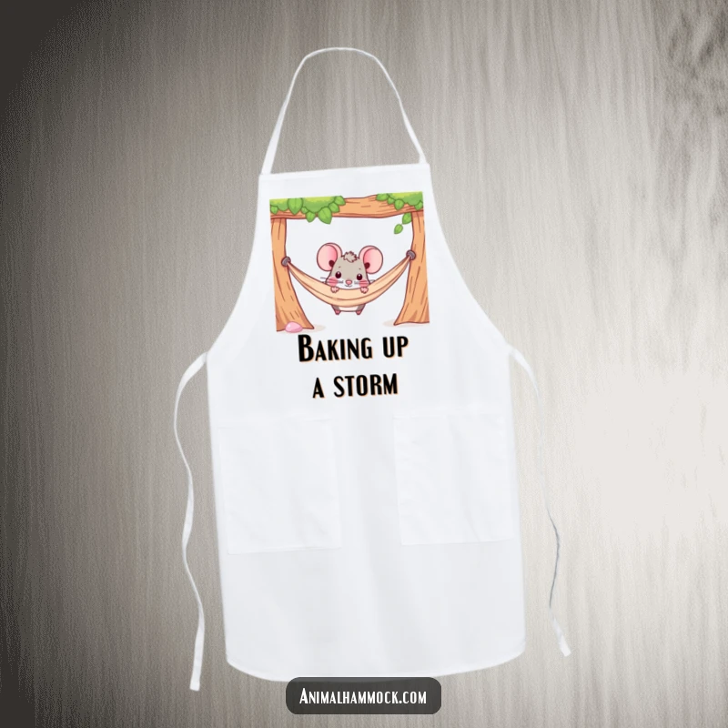 Funny apron showing a determined mouse character peeking out from under a hammock, bringing a smile to cooking.