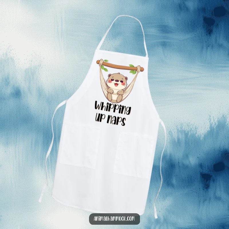 Funny otter apron showing a happy otter relaxing in a hammock, perfect for a humorous and practical kitchen experience. A unique gift.