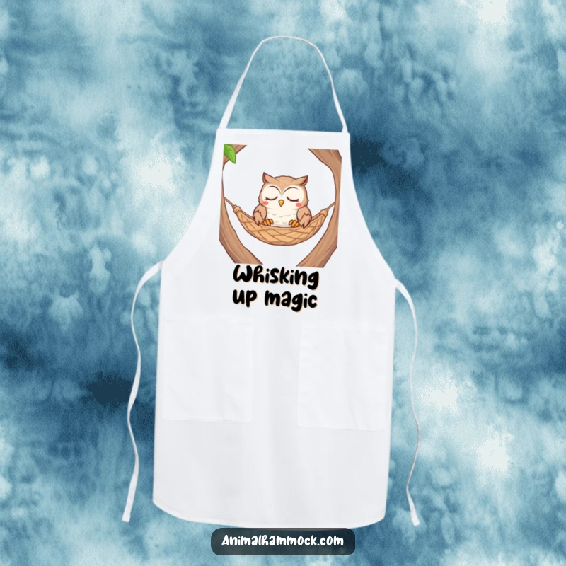 Funny contented owl with closed eyes nestled comfortably in a woven hammock, adorning this humorous apron.