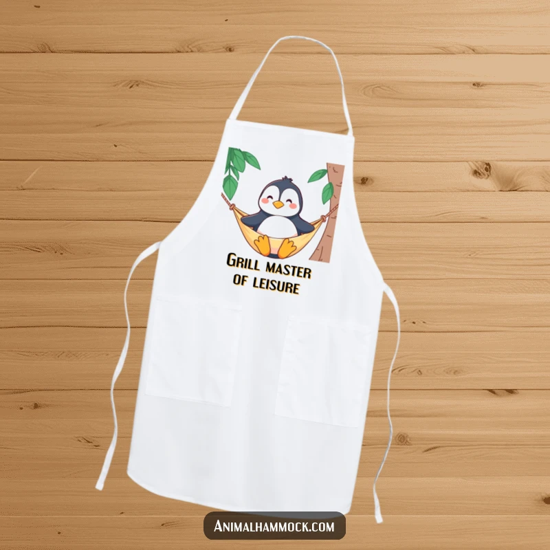 Funny apron depicting a proud penguin character sitting upright and smiling contentedly in a hammock, ready for kitchen tasks.