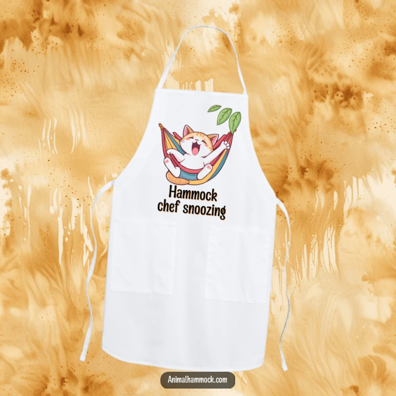 Funny cat apron showing a yawning cat stretching languidly in a colorful hammock, great for kitchen fun, a unique funny gift.