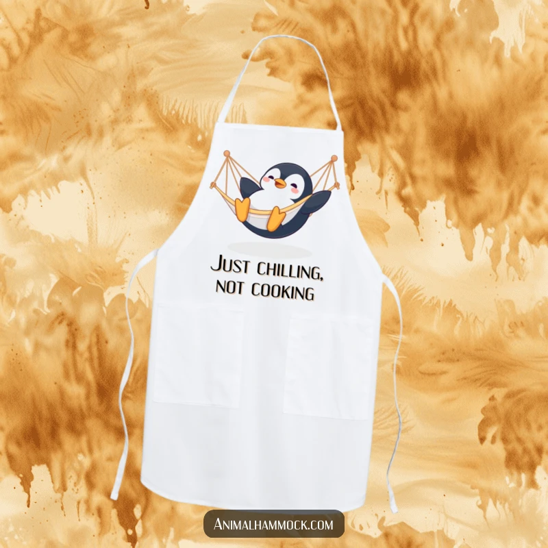 Funny Penguin Apron: A humorous apron featuring a penguin sliding into a hammock, adding comedic flair to kitchen activities.