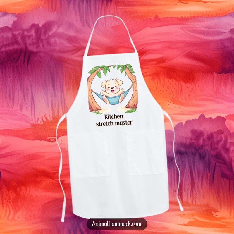 Funny Puppy Apron with a playful dog doing a joyful stretch while lounging in a hammock, perfect for kitchen activities with a humorous touch.