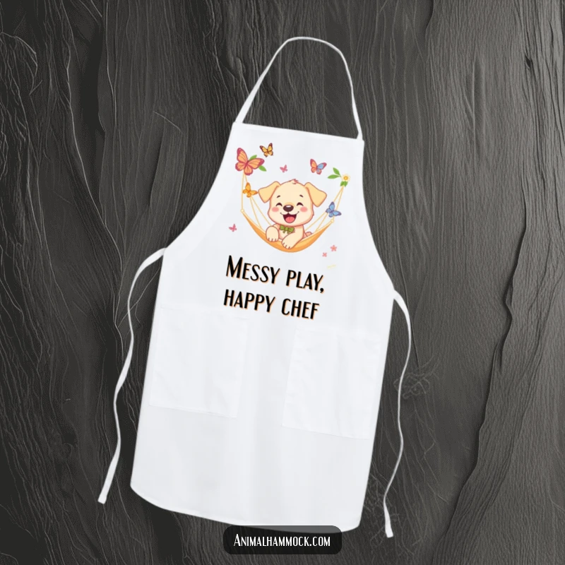 Funny Puppy Apron: A humorous apron featuring a puppy chasing butterflies near a hammock, adding comedic flair to kitchen activities.