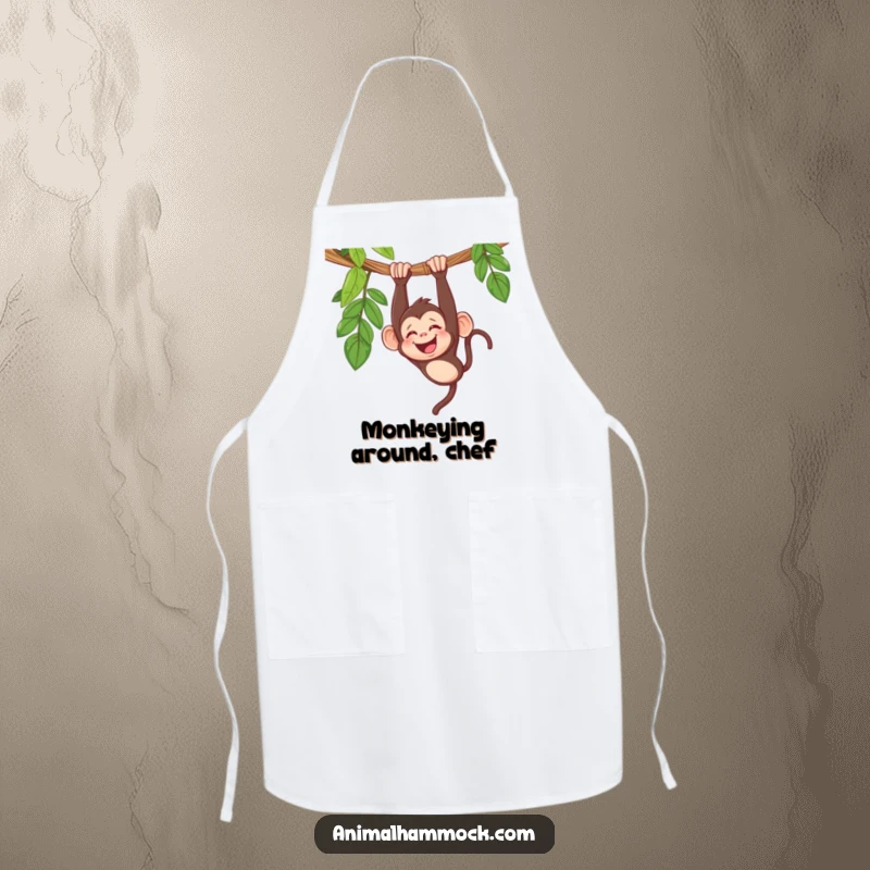 Funny monkey apron featuring a giggling primate hanging upside down from a hammock, bringing comical cheer to the kitchen.