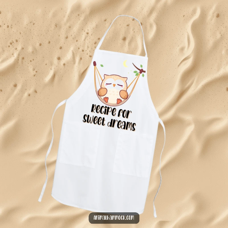 Funny round owl character dreaming while floating in a hammock, printed on a kitchen apron for a humorous cooking experience.