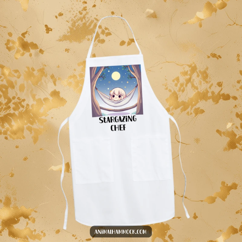 Funny apron featuring a cute character in a hammock under a moonlit sky, perfect for chefs who dream big while cooking.