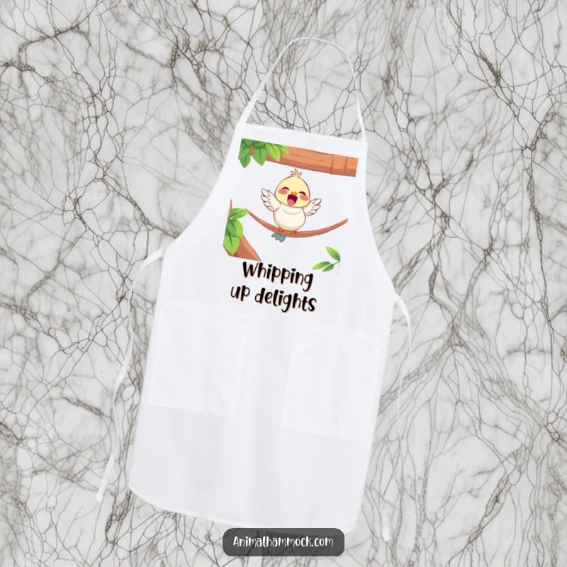 Funny apron showing a delighted bird character perched on the edge of a hammock, bringing smiles to the kitchen.