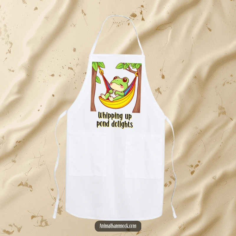 Funny small frog character relaxing in a brightly colored hammock, printed on a kitchen apron for a humorous cooking experience.
