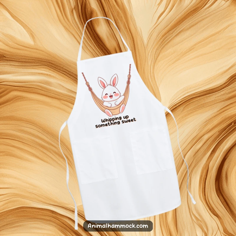 Funny fluffy bunny with rosy cheeks excitedly swinging in a hammock, adorning this practical and humorous kitchen apron.