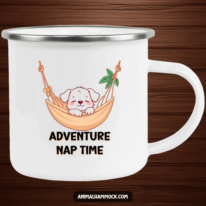 Funny puppy character napping in a hammock, designed for outdoor adventures on a sturdy camping mug.