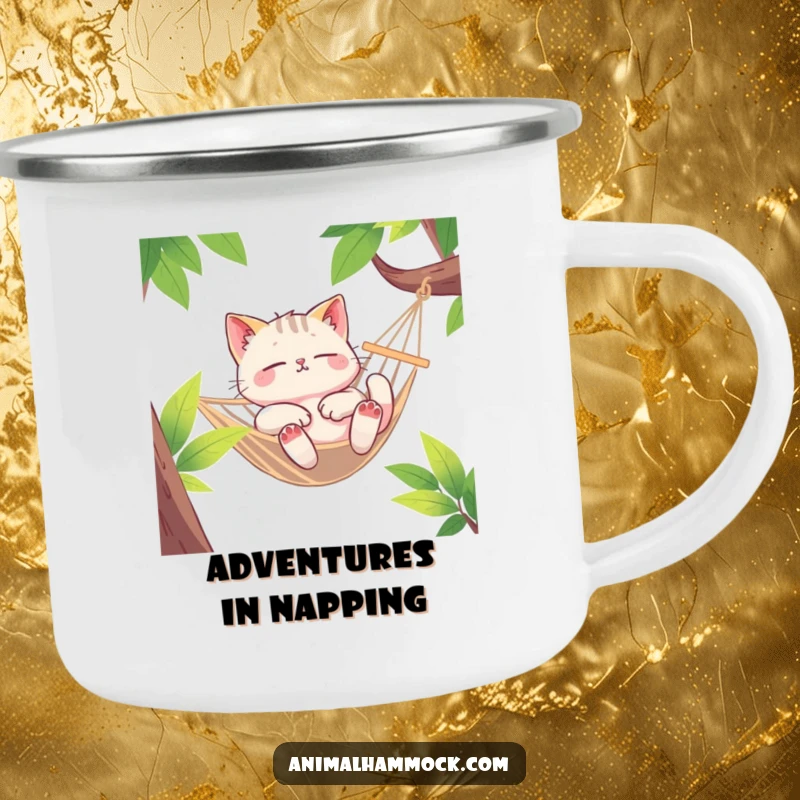 Funny Cat Camping Mug, a euphoric cat character lounging in a swaying hammock, perfect for sipping drinks outdoors.