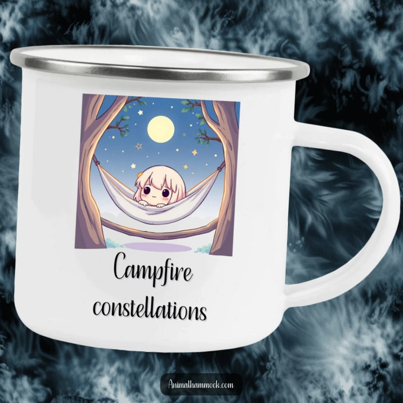 Funny camping mug showing a cute character in a hammock, stargazing under a beautiful moonlit night sky, built for rugged fun.