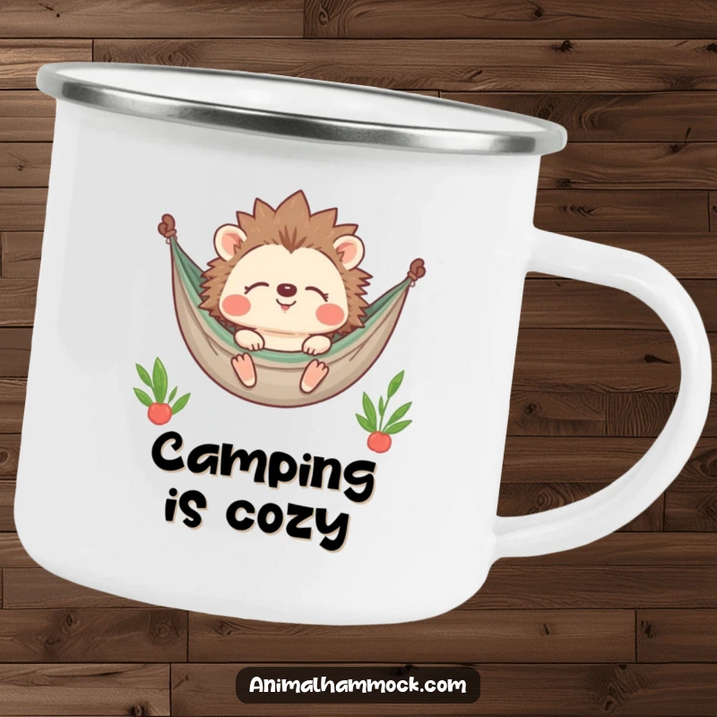 Funny Hedgehog Camping Mug showing a contented character smiling with closed eyes while relaxing in a hammock, for enjoying drinks outdoors with a smile.