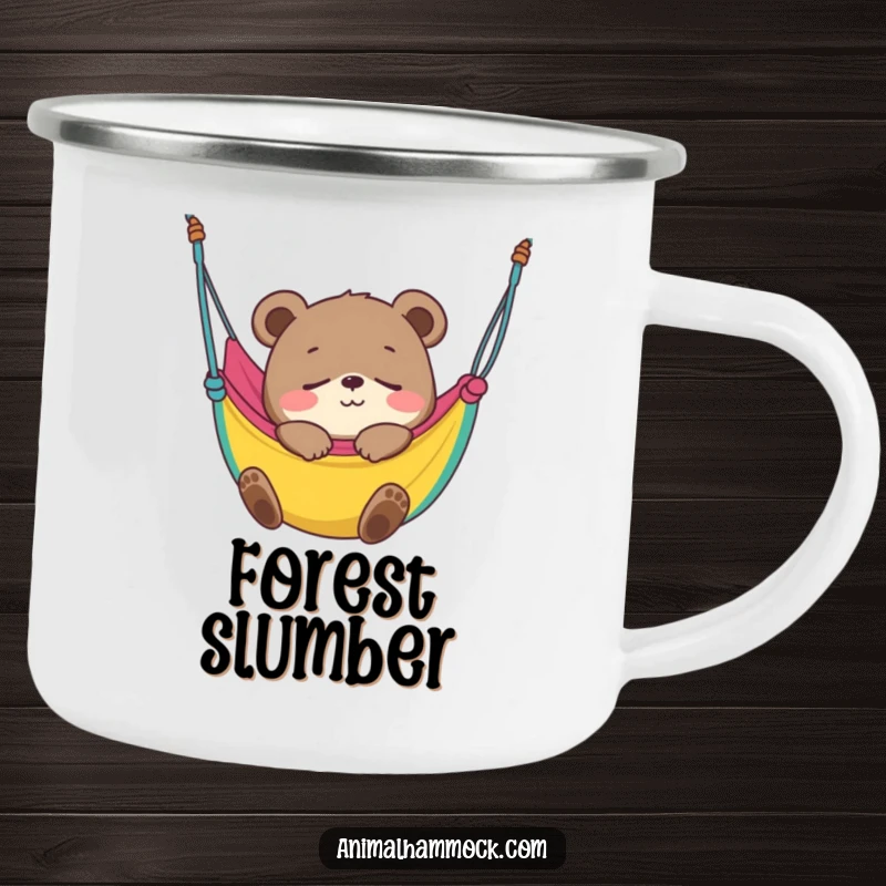 Funny Bear Cub Camping Mug showing a smiling cub blissfully fast asleep in a colorful hammock, for enjoying drinks outdoors with a smile.
