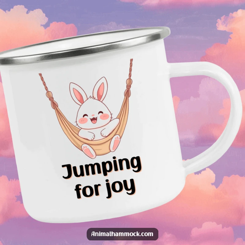 Funny fluffy bunny with rosy cheeks bouncing excitedly in a hammock, perfect for this durable camping mug.