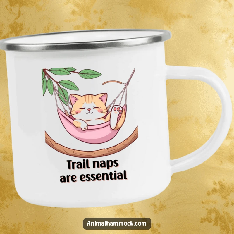 Funny Cat Camping Mug: A durable mug with a cat relaxing in a hammock, perfect for outdoor adventures and comedic breaks, a fun gift.