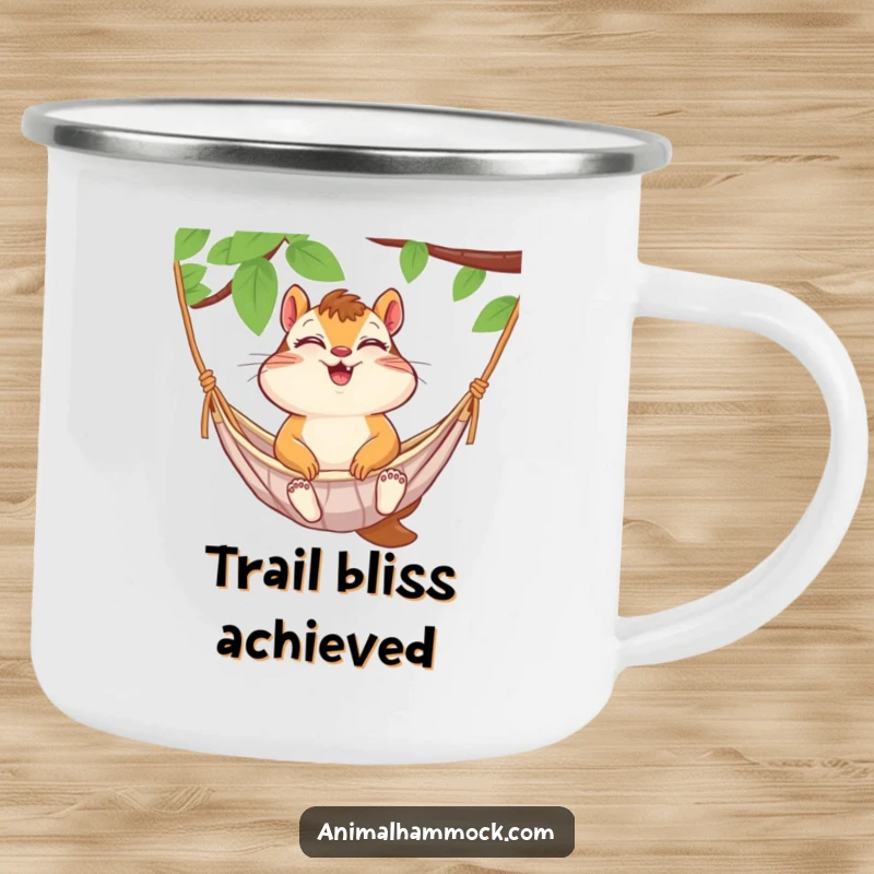 Funny chipmunk giggling with eyes closed in a hammock, on a sturdy camping mug. A humorous and practical item for adventurers.