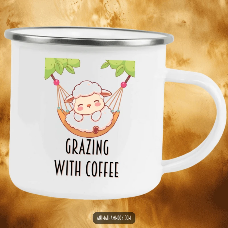 Funny camping mug featuring a contented sheep lying peacefully in a hammock, merging outdoor calm with humorous serenity.