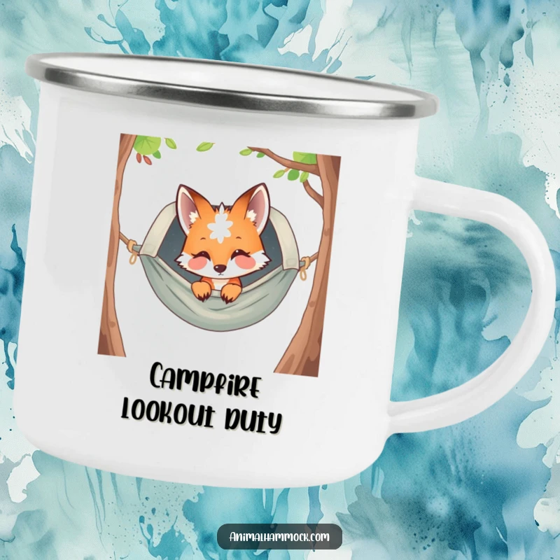 Funny curious fox peeking from a hammock, printed on a rugged camping mug, perfect for sipping beverages during outdoor adventures.