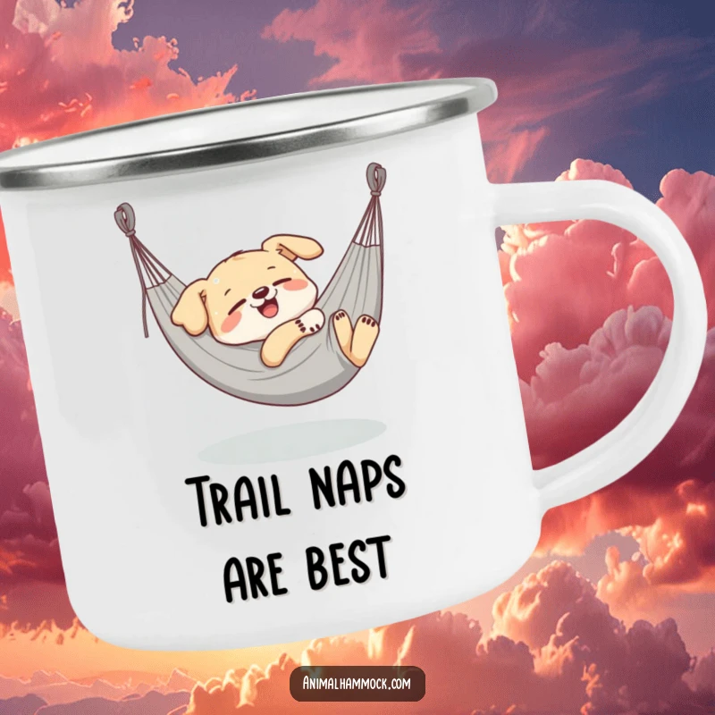 Funny Dog Camping Mug, a delighted dog character blissfully napping in a stretched hammock, perfect for outdoor drinks.