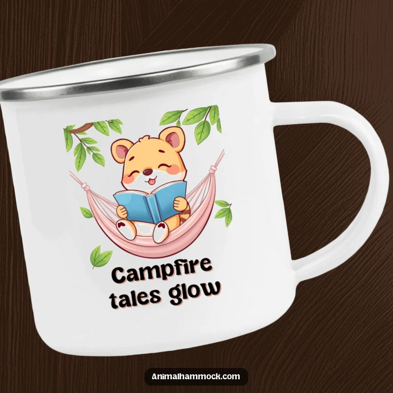 Funny camping mug featuring a happy animal engrossed in a book while relaxing in a hammock, bringing a sense of literary adventure and humor.
