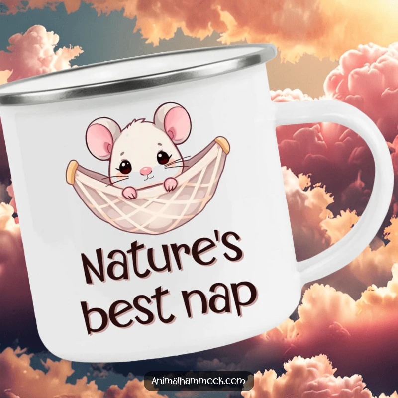 Funny mouse peeking from a hammock net, on a durable camping mug. A humorous and practical choice for outdoor enthusiasts.
