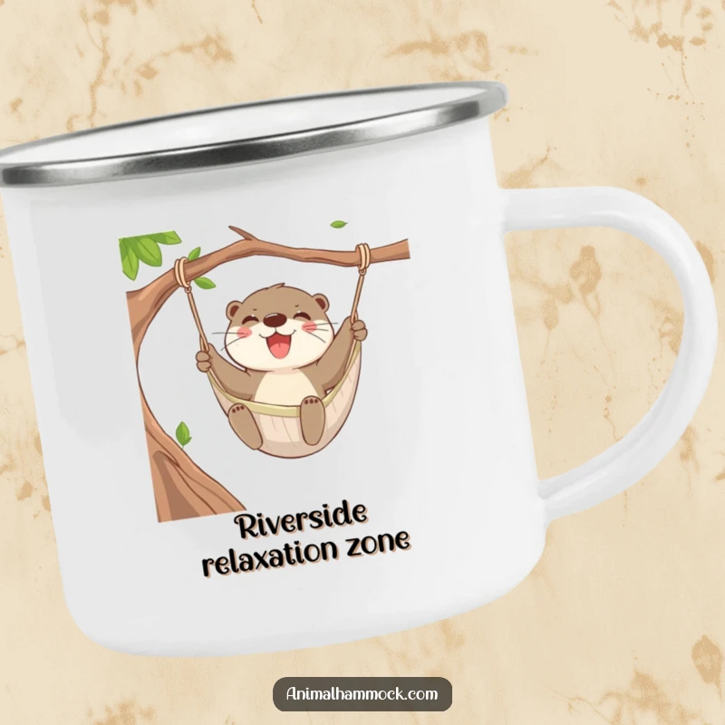 Funny Otter Hammock Camping Mug showing a joyful otter swinging in a hammock, perfect for outdoor drinks and a dose of humor.