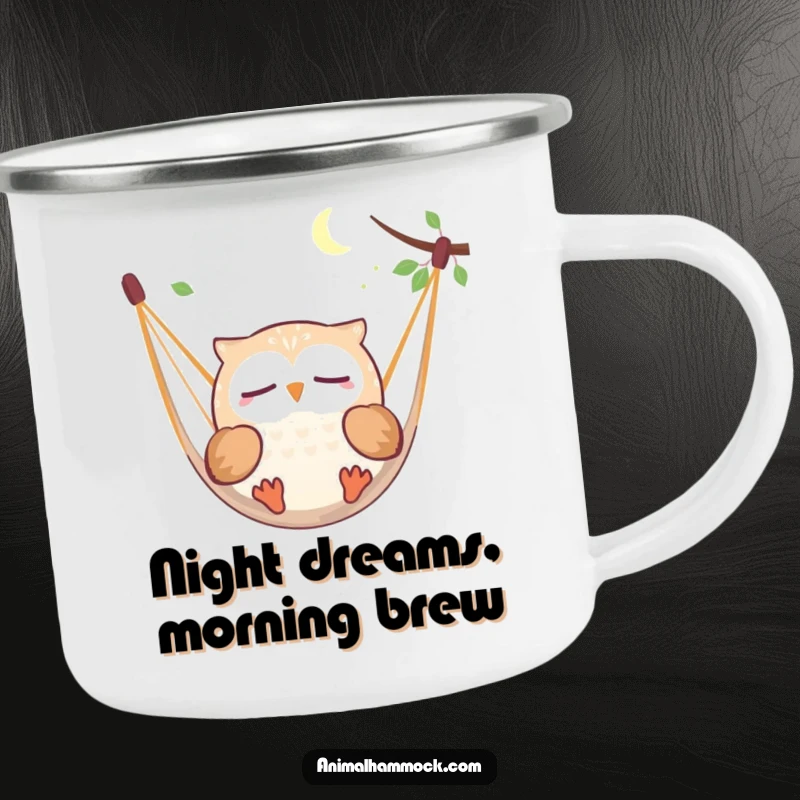 Funny round owl dreaming while floating in a hammock, depicted on a durable camping mug for outdoor adventures.