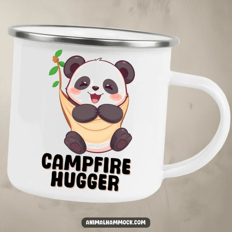 Funny camping mug with a panda hugging a hammock, perfect for enjoying drinks in nature with a dose of adorable humor. Great gift.