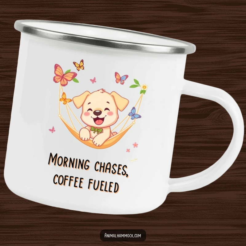 Funny Puppy Camping Mug: A durable mug with a puppy chasing butterflies near a hammock, ideal for outdoor fun and comedic breaks, a great gift.
