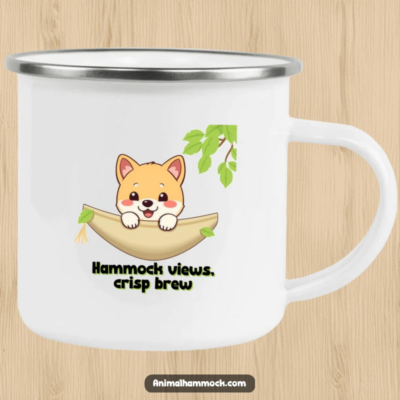 Funny Shiba Inu camping mug showing a playful puppy cheerfully peeking over a hammock, perfect for outdoor use, a durable funny gift.