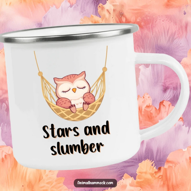 Funny sleepy owl dozing in a hammock, ideal for a camping mug, combining adventure with humorous relaxation.