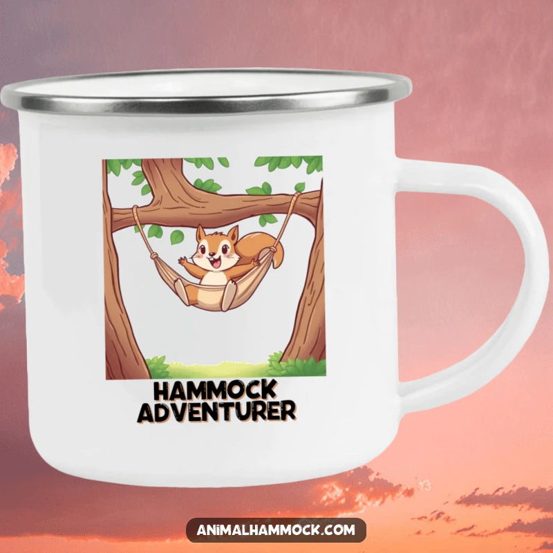 Funny camping mug with a squirrel mid-air, heading for a hammock adventure. Durable and hilarious for outdoor enthusiasts. Great gift.