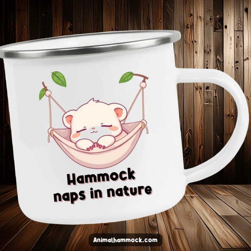Funny Camping Mug: A tiny creature napping peacefully in a hammock, paws dangling, perfect for relaxing outdoor moments.