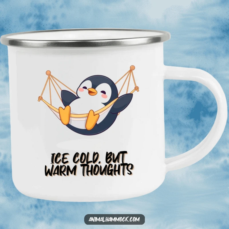 Funny Penguin Camping Mug: A durable mug with a penguin sliding into a hammock, ideal for outdoor fun and comedic breaks, a great gift.