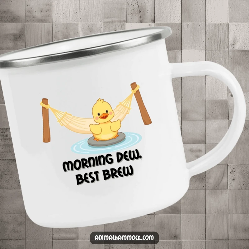 Funny Duckling Camping Mug: A durable mug with a duckling paddling near a hammock, ideal for outdoor fun and comedic breaks, a great gift.