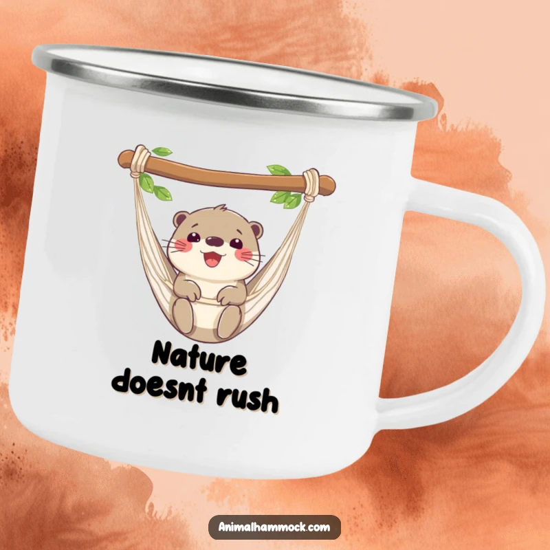 Funny otter camping mug showing a happy otter chilling in a hammock, ideal for outdoor enthusiasts. A durable and humorous collectible.